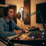 A close-up, high-angle shot of a person sitting at a desk in a studio, wearing headphones and speaking into a microphone.