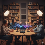 A group of podcasters sharing thoughts and opinions through podcast session. 