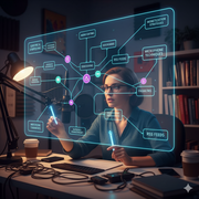 A woman in front of a holographic screen that shows branches of information.