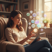 A woman sitting in a couch while holding a gadget. Different icons of social media platforms are floating out from the screening which reflects the action of selecting the appropriate platform for podcasting.