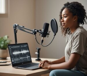 A podcaster doing her podcasting job