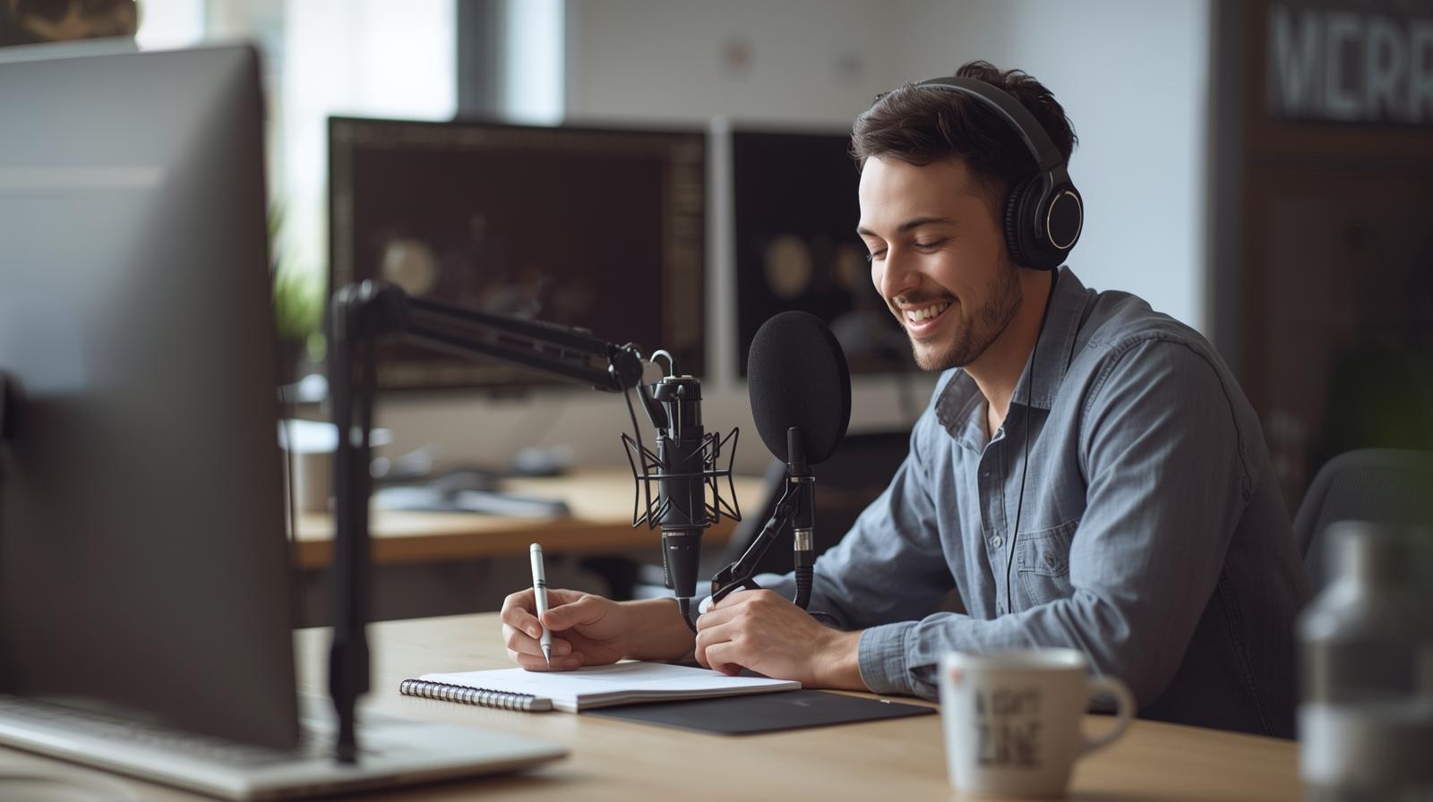 Smiling podcast host preparing episodes in a bright home studio with calm focus.