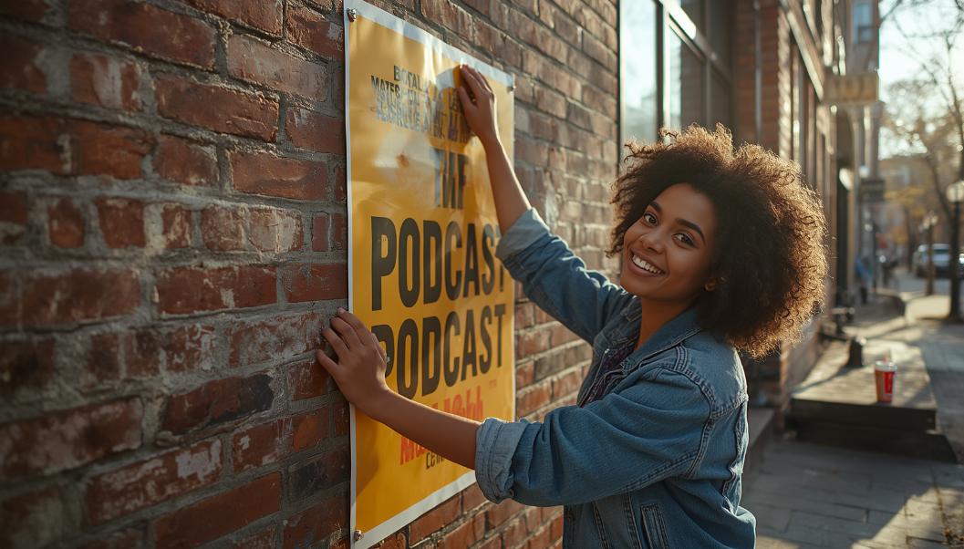 A podcast host proudly posting her show's flyer on a sunny Brooklyn street.